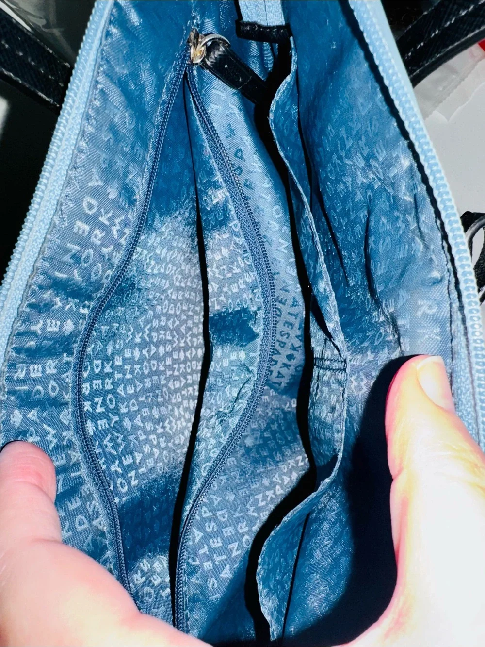 kate spade Glitter Tote in Light Blue with Black Trim